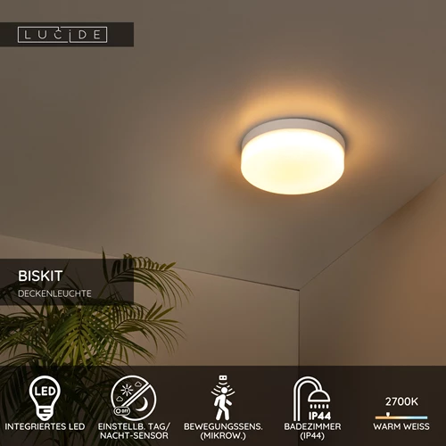 Lucide BISKIT - Deckenleuchte Badezimmer - Ø 23 cm - LED - 1x12W 2700K - IP44 - Bewegungssensor - Weiß - USP